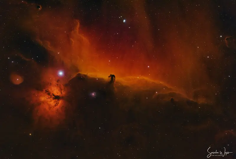 The Horsehead Nebula silhouetted against glowing hydrogen, with the Flame Nebula beside it