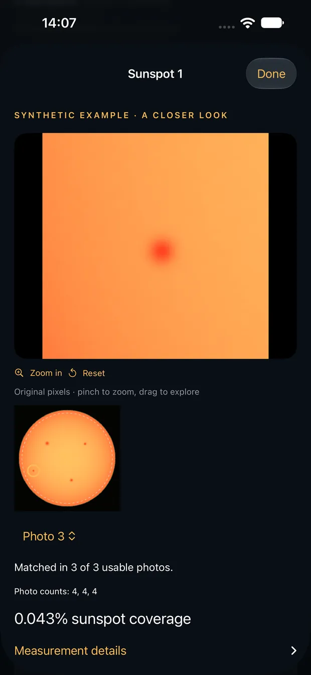An enlarged crop of a single sunspot taken from the original photograph