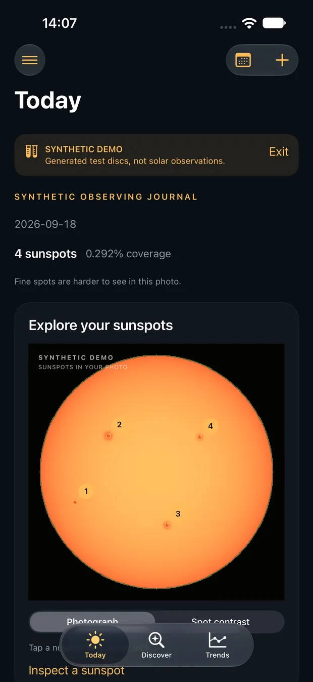 The Today view showing an annotated solar disc with four numbered sunspots, a date, a sunspot count and a coverage percentage